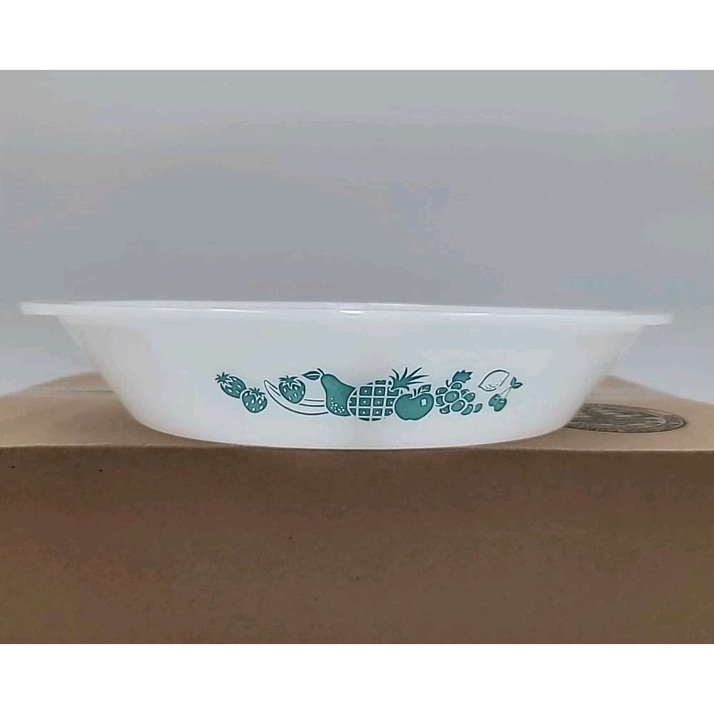 VTG Glasbake J-2352 10 White Divided Dish Serving Bowl with‎ Teal Fruit Pattern